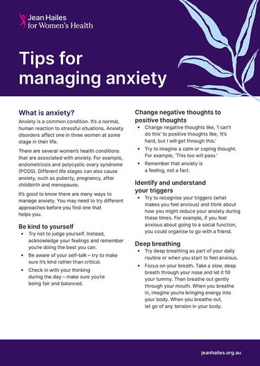 Tips For Managing Anxiety Fact Sheet Jean Hailes